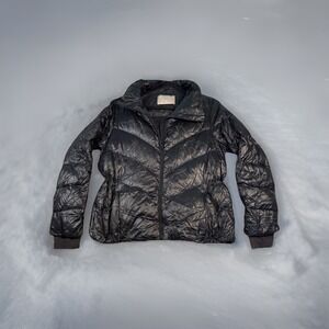 Athleta Lofty Puffer Jacket‎ Womens Size MP Black Goose Down Coat Casual Zipper